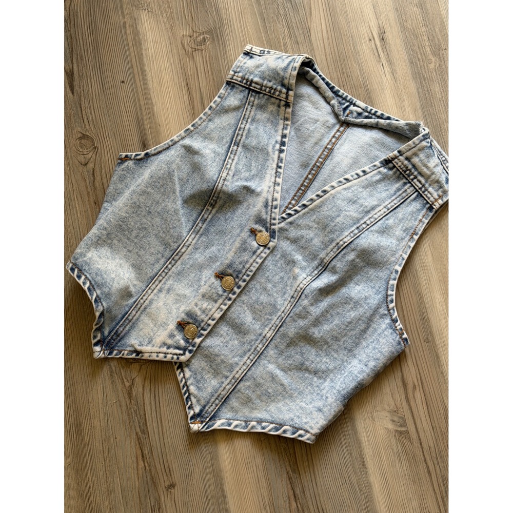 Denim Vest Light Blue Acid Wash Cropped Button Front Size M Western Indiesleaze
